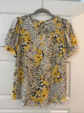 LOFT White Yellow Floral Short Sleeve Blouse